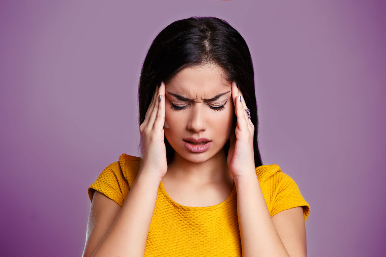 Woman with Migraine. Girl with Headache isolated